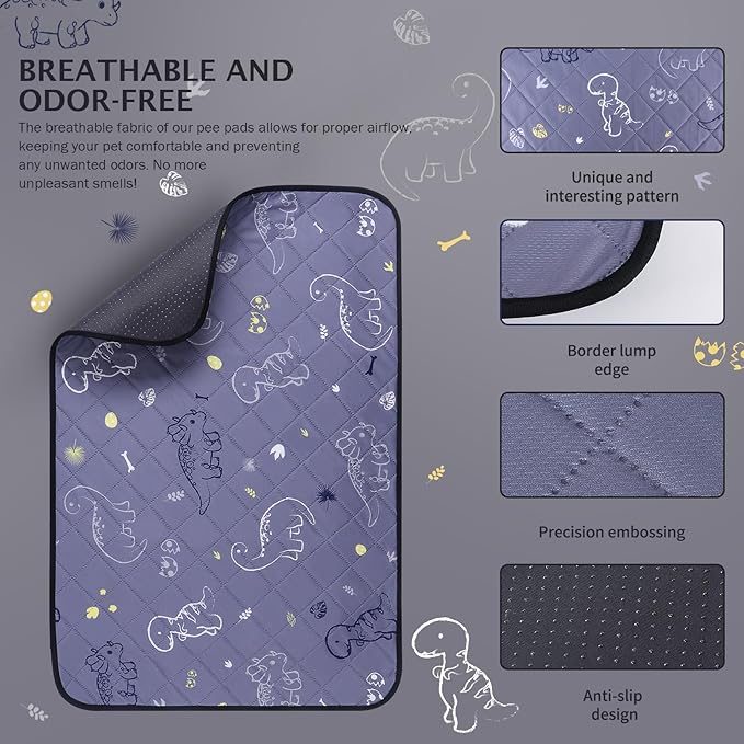 IEUUMLER Washable Pee Pads for Dogs, 2 Pack Non-Slip & Waterproof Whelping Pad, Reusable Puppy Potty Training With Fast Absorbent for Playpen EU007 (Gray Dinosaur, 24"X48"-2pcs)