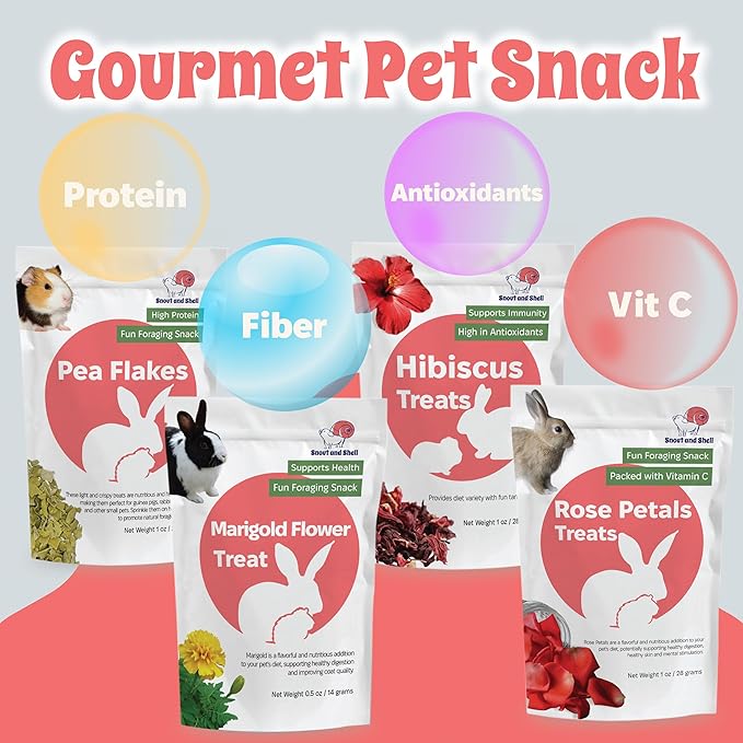 Floral Favorites by Snout and Shell – 4-in-1 Natural Treats for Small Pets – Pea Flakes, Marigold, Rose Petals & Hibiscus – Healthy Snacks for Rabbits, Guinea Pigs, Chinchillas & More