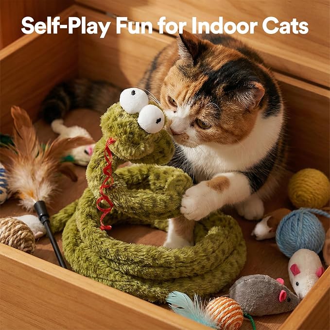 ZEZE Forest Snake Spring Interactive Cat Toy with Scratch Base, Bouncy Spiral Plush Teaser with Crinkle Sound & Ribbon, Self-Play Boredom Relief for Indoor Cats - Image 6