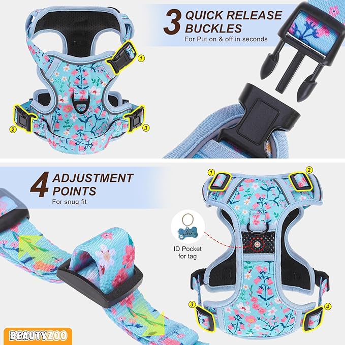 BEAUTYZOO No Pull Dog Harness and Leash Set with 2 Metal Leash Clips - Overhead-Free 3 Snap Buckles Design, Adjustable No-Choke Soft Padded Reflective Oxford Pet Vest for Small Medium Large Dogs, M
