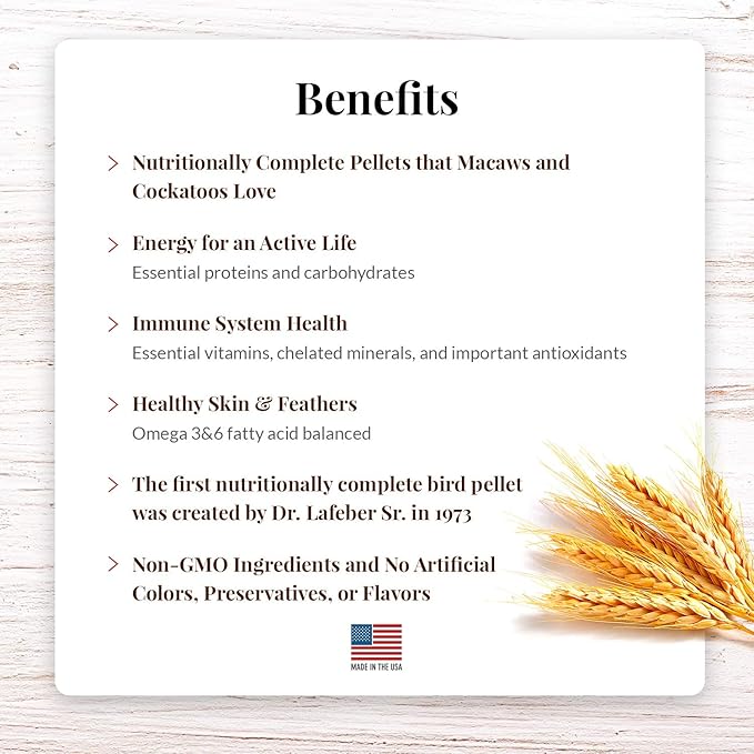 LAFEBER'S Premium Daily Diet Pellets Pet Bird Food, Made with Non-GMO and Human-Grade Ingredients, for Macaws and Cockatoos, 5 lb