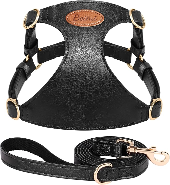 Beirui ‌Stylish PU Leather Dog Harness‌ and Leash Set for Small Dogs, ‌Adjustable Step in Dog Vest Harness with Breathable Mesh Lining and Durable Metal Buckle for Walking Traveling(Black,M)
