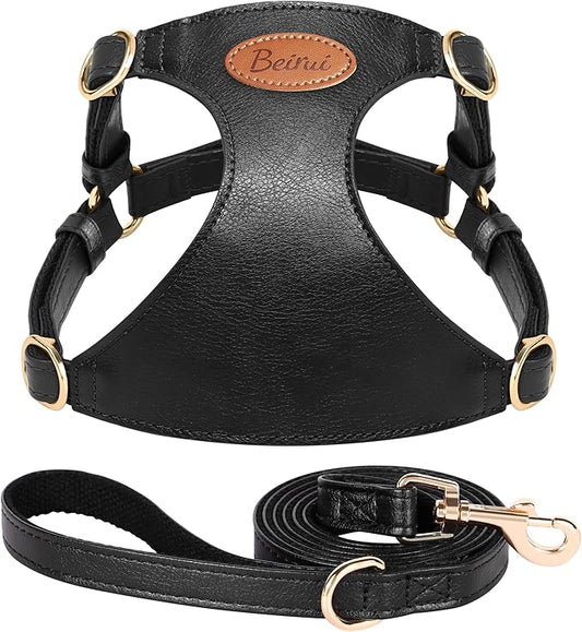 Beirui ‌Stylish PU Leather Dog Harness‌ and Leash Set for Small Dogs, ‌Adjustable Step in Dog Vest Harness with Breathable Mesh Lining and Durable Metal Buckle for Walking Traveling(Black,S)