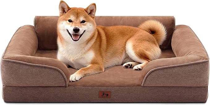 Orthopedic Dog Beds for Large Sized Dogs, Waterproof Egg-Crate Foam Pet Couch Bed with Soft Sides, Non-Slip Dog Sofa with Flannel Removable Washable Cover, 35" L Supportive Pet Sofa, Brown