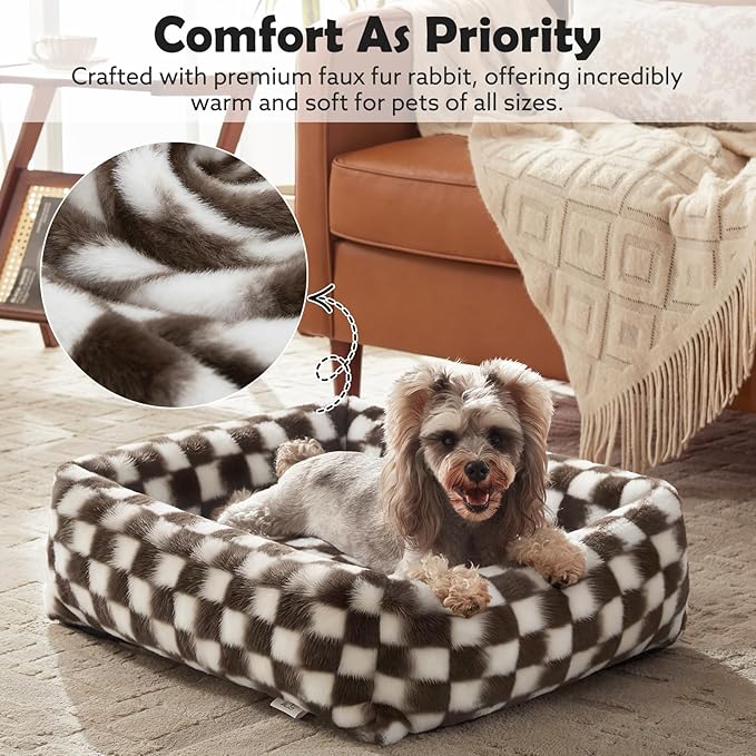 JOEJOY Dog Bed for Small Medium Dogs, Removable Washable Cover Orthopedic Soft Faux Rabbit Fur Pet Bed, Anti-Slip Fluffy Plush Puppy Bed, 25"x21"x7", Checkered, Brown
