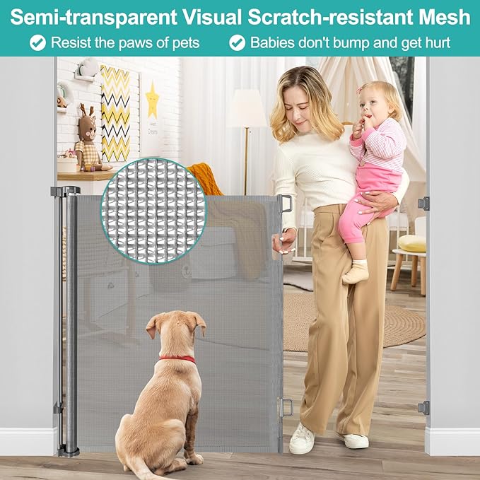 42 Inch Extra Tall Baby Gate for Stairs 55” Wide Retractable Anti-Scratch Mesh Gates for Kids or Pets Extra Tall Puppy Gates for The House One-Hand Operation Retractable Dog Gate for Doorway, Gray