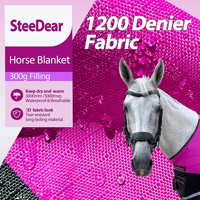 300g Fill 1200D Mid-Heavy Weight Winter Waterproof and Breathable Horse Blanket Belly Straps| Turnout Blankets with Reflective Strips (Hot Pink/Black, 72'')