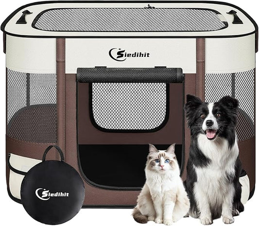 Dog Playpen,Cat Pet Puppy Pen,Portable Playpens for Dogs Indoor Outdoor Travel Camping Use,Foldable Dog Kennel Tent Crate for Rabbit Small Animals with Carrying Case (Brown, Medium)