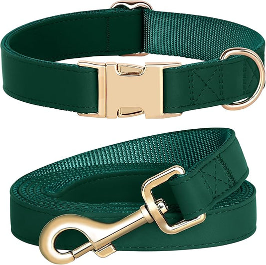 PET ARTIST Soft PU Leather Dog Collar and Leash Set, Bright & Stylish 5FT PU Leather Leash and Collar Set, Durable Pet Collars with Quick Release Metal Buckle for Small Dogs,Christmas Green,S(9"-14")