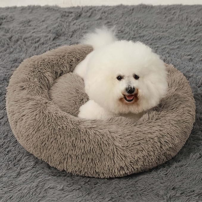 HACHIKITTY Calming Donut Cuddler Dog Bed, Round Fluffy Pet Bed with Sewn-in Cushionfor Large Dogs,Washable, Large, Taupe, 24''
