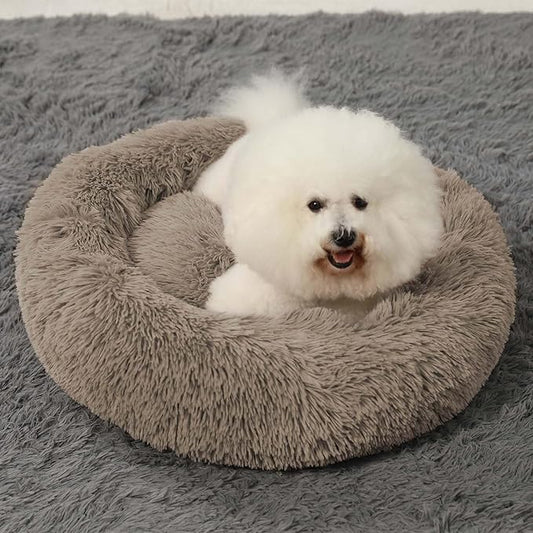 HACHIKITTY Calming Donut Cuddler Dog Bed, Round Fluffy Pet Bed with Sewn-in Cushionfor Large Dogs,Washable, Large, Taupe, 24''