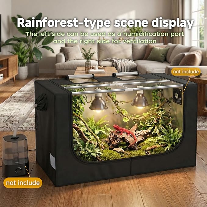 Large Reptile Enclosure Tent, 4 x 2 x 2 ft (48 x 24 x 24 Inch) Habitat with Insulated Cover & Stainless Steel Frame, Dual 4" Accessory Ports for Bearded Dragon, Lizards, Geckos & Chameleons