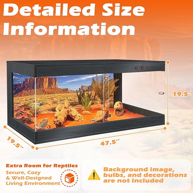 ROYXEN Reptile Tank, 81 Gallons Reptile Enclosure with Lockable Design, Tempered Glass Bearded Dragon Tank for Lizard Habitat, Soild Wood Built-in Sockets (Black, 47.5"x19.5"x19.5")