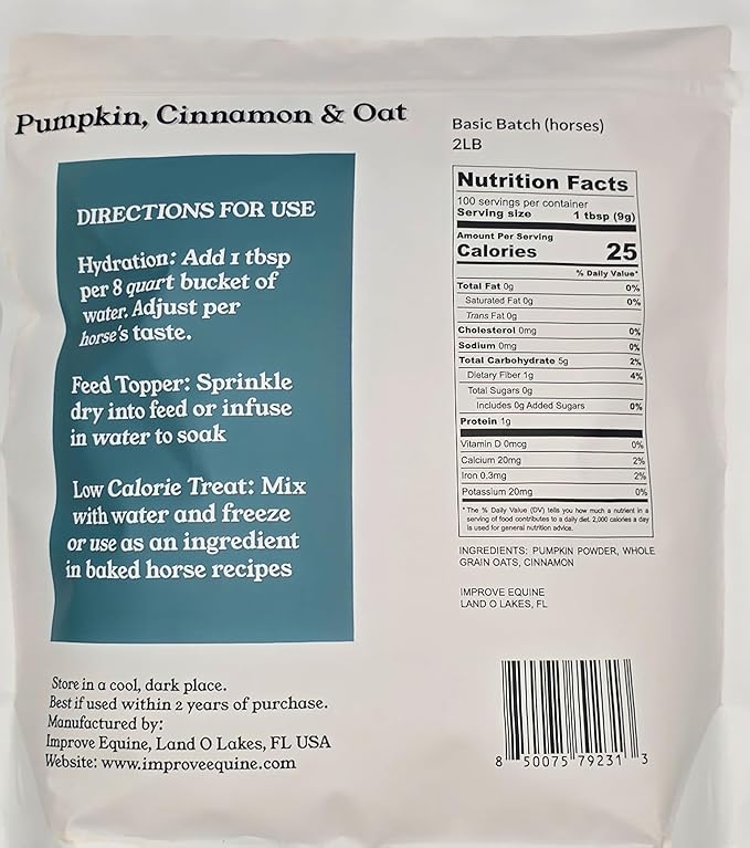 Low Calorie Hydration, Feed Topper & Treat | Safe, NO Electrolyte/Salt for Daily Intake | No Sugar Added (2LB Bag (100 Servings), Basic Batch - Pumpkin, Cinnamon & Oat)