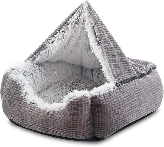 MIXJOY Dog Beds for Large Medium Small Dogs, Rectangle Cave Hooded Blanket Puppy Bed, Luxury Orthopedic Cat Beds for Indoor Cats, Warmth and Machine Washable (35 inches, Grey)