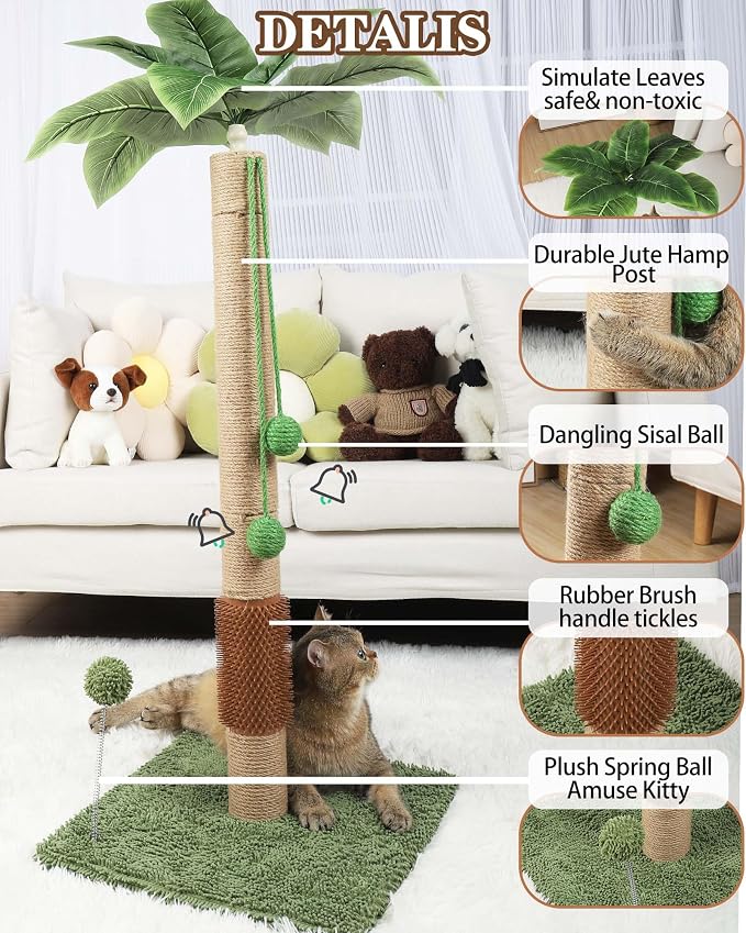 ANWA 35" Tall Simulated Cat Scratching Post with Self-Grooming Rubber Brush - Image 5