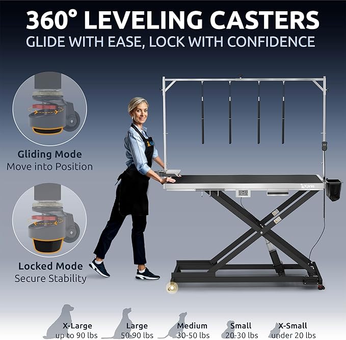 KANIS Professional Electric Dog Grooming Table - Heavy Duty, Height Adjustable Pet Grooming Table w/Leveling Wheels, Grooming Arm, Anti-Slip Tabletop & Tool Organizer/Dog Grooming Station (Black, 60")