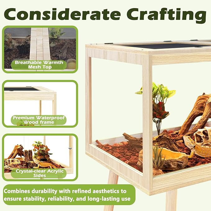 PROLEE Bearded Dragon Tank with Leg Stand 81 Gallons, Wooden Lizard Tank,Reptile Tank with Metal Mesh Roof Door, Acrylic Panel Snake Tank with Lock Design (Oak, 48"x20"x20")