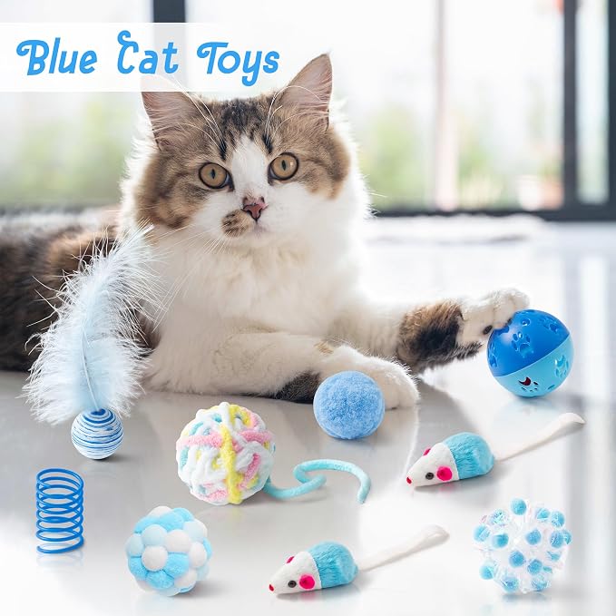 MALLMALL6 Cat Toy Set Interactive Cat Toys 10Pcs Pack Including Cat Springs Feather Teaser Wand Mice Crinkle Balls and Pet Bell Balls, Puzzle Interactive Pet Gift Pack Toys for Indoor Kitten (Blue) - Image 4