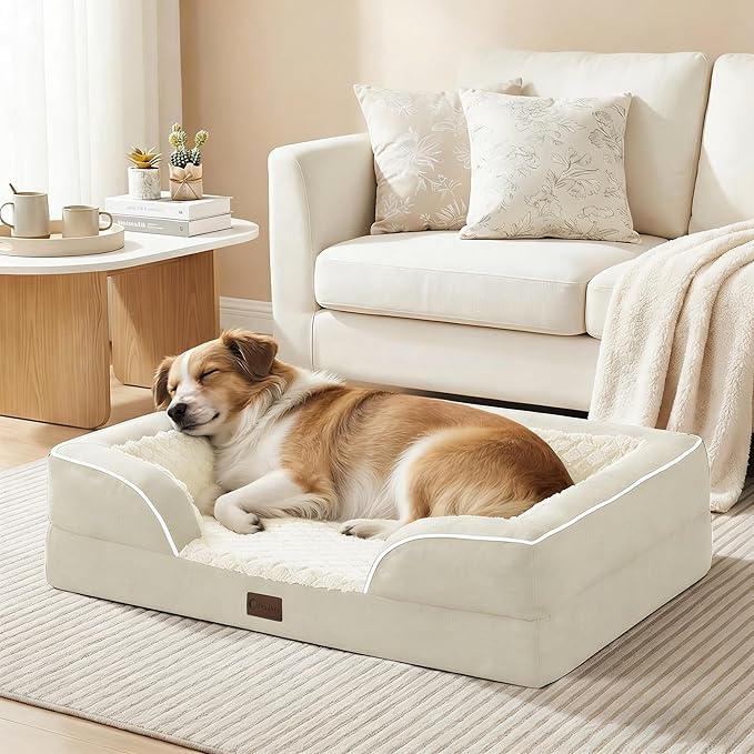 Orthopedic XL Dog Beds, Waterproof Memory Foam Big Pet Bed for Extra Large Sized Dogs 45x35Inch, Non-Slip Bottom and Egg-Crate Foam Dog Couch Bed with Washable Removable Cover, Beige