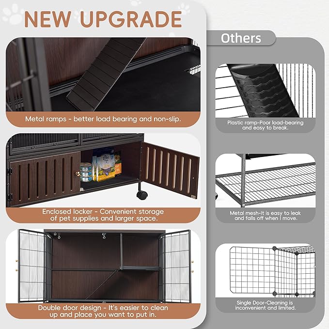 HABUTWAY 60''H Metal Large Ferret Cage, Rolling Chinchilla Cage with Removable Ramps& Double Door, with Locker, Small Animal Cage, Rat Indoor Wooden Pet Crate Furniture