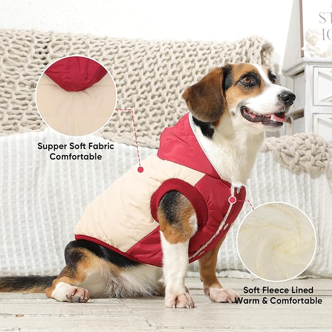 Vecomfy Fleece Lining Extra Warm Dog Hoodie in Winter for Medium Dogs Jacket Pet Coats with Hooded,Beige and Red L