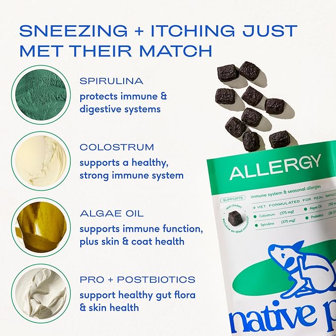 Native Pet Dog Allergy Chews - Dog Allergy Relief for XL Breeds - Supports Seasonal Itch Relief, Healthy Immune Function & Reduces Sneezing - Colostrum, Spirulina, & Probiotics - 30 Days Supply