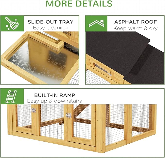 Wooden Chicken Coop for 2-4 Chickens Indoor Outdoor,Large Bunny Rabbit Hutch Poultry Pet Run Cage with Ventilation Door，Weatherproof Asphalt Roof for Garden Backyard(Wood)