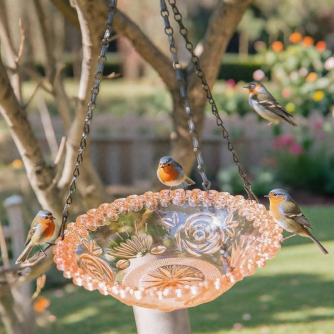 Hanging Bird Baths & Feeders for Outdoors, Bird Water Bowl and Seed Trays Set Feeders for Outside, Garden, Patio Lawn Yard Decor Blue & Pink (2)