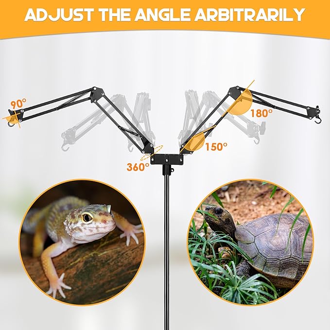 Enhon Reptile Heat Lamp Stand, Dual Reptile Light Stand with Two Flexible Brackets, Adjustable Heat Lamp Stand (15.7-74.3inch) with 360° Swing Arm and Anti tip Clip for Bearded Dragon Turtles Snake