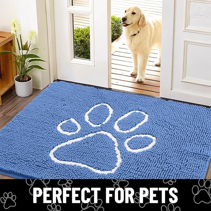 Smiry Dog Door Mat for Muddy Paws, Absorbent Dirt Trapper Non Slip Quick Dry Washable Chenille Mat for Mud Dogs, Entry Rug for Indoor and Outdoor (48x30 Inches, Cornflower Blue and White)