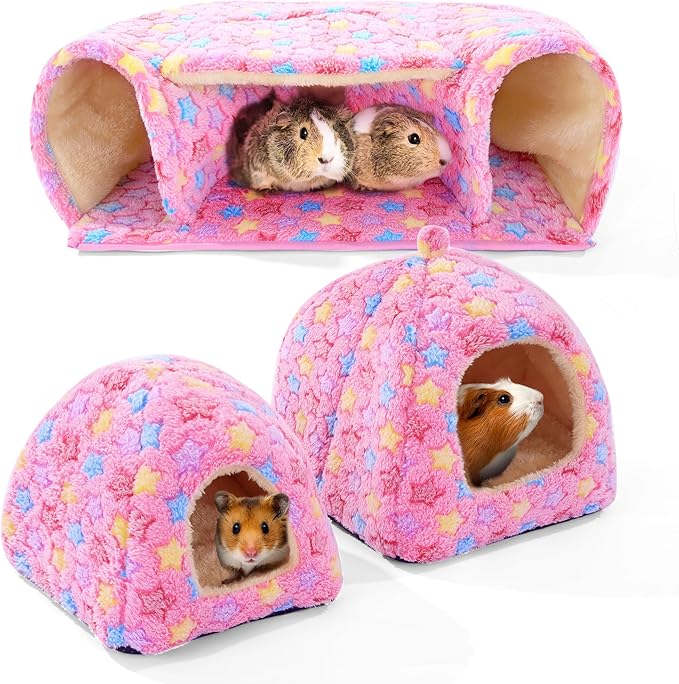 MABOZOO 3 Pack Guinea Pig House Accessories, 2 Cozy Guinea Pig Bed and Hideout Tunnel, Chinchillas Hideout for Hamster, Rabbit, Bunny, Chinchillas (Pink, L)
