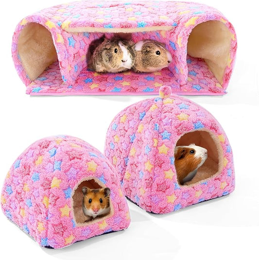 MABOZOO 3 Pack Guinea Pig House Accessories, 2 Cozy Guinea Pig Bed and Hideout Tunnel, Chinchillas Hideout for Hamster, Rabbit, Bunny, Chinchillas (Pink, L)
