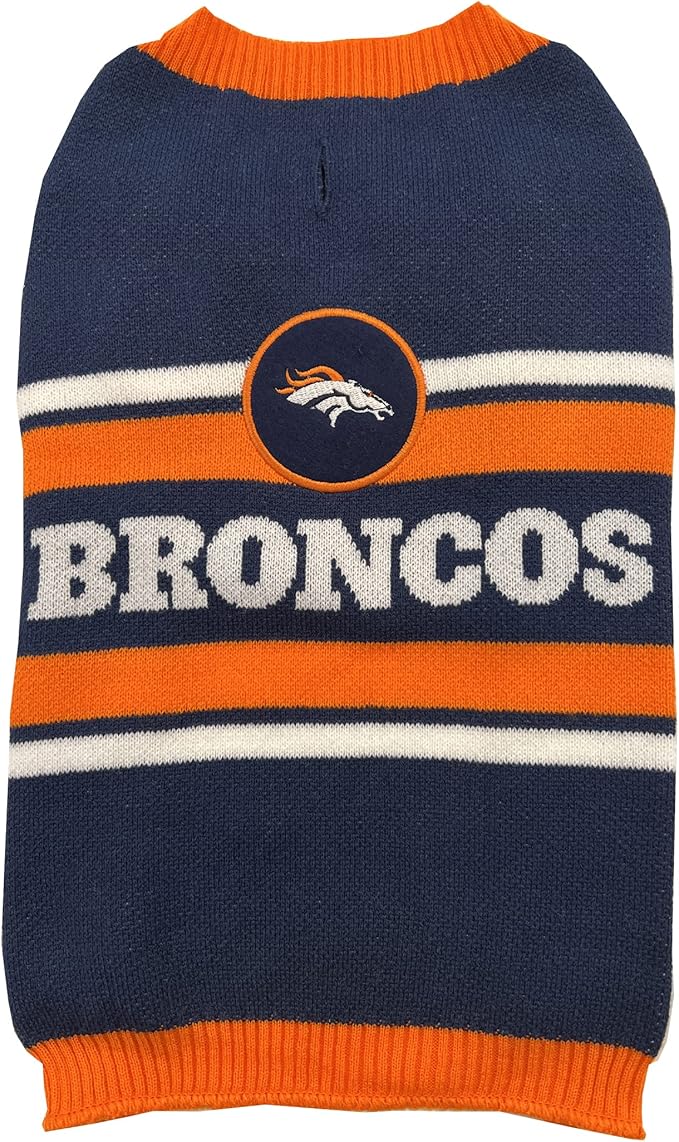 NFL Denver Broncos Dog Sweater, Size Large. Warm and Cozy Knit Pet Sweater with NFL Team Logo, Best Puppy Sweater for Large and Small Dogs