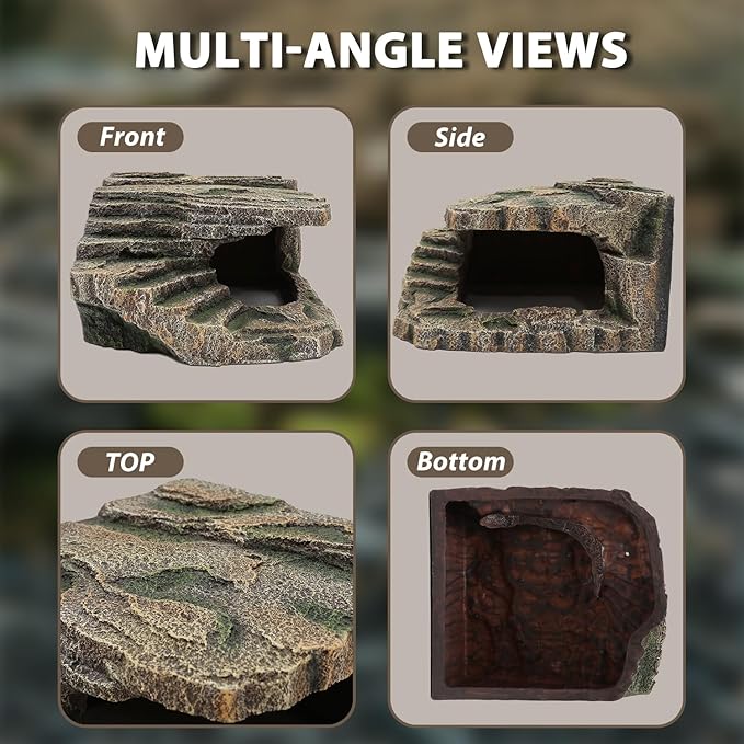 Extra Large Resin Reptile Cave Hideout, Rock-Style Basking Platform, Aquarium and Terrarium Decor, Ideal for Reptiles, Amphibians, and Fish