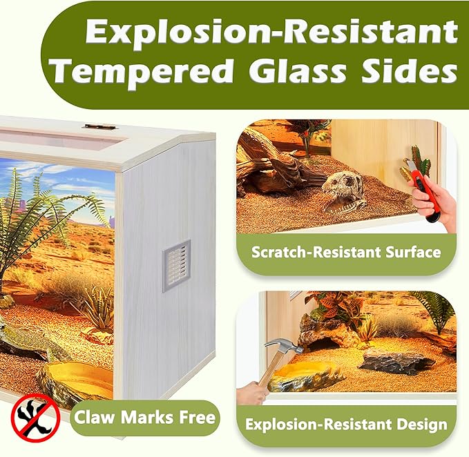 PROLEE Bearded Dragon Tank, Up to 81Gallon Reptile Enclosure, Tempered Glass Lizard Tank, Bearded Dragon Enclosure with Built-in Lamp Fixture for Chameleon (Wooden Roof, 30Gallons,24x15.5x15.5 Inch)