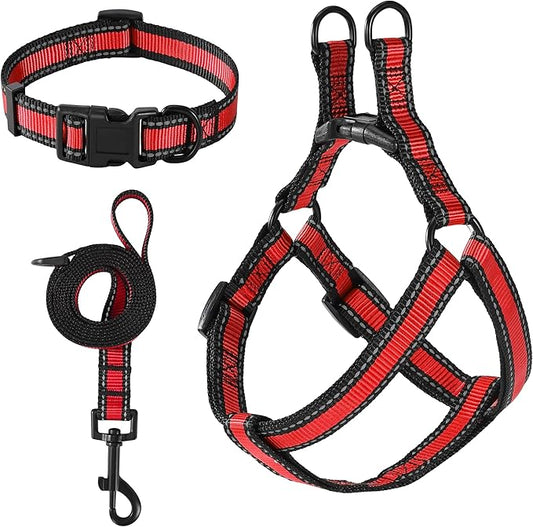 Mile High Life Night Reflective Double Adjustable Band Nylon Small Puppy Pet Dog Combo Collar Leash and Harness Set (Reflective Edge Red, Mediun (Pack of 3))