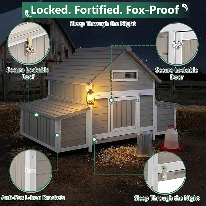 Large Chicken Coop Chicken House Outdoor with 6 Nesting Boxes & Pull-Out Tray for 4-6 Chickens, Wooden Backyard Hen House Poultry Cage with Weatherproof Openable Roof, 3 Perches, Expandable Run