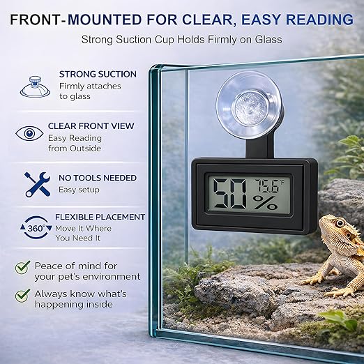 2 Pcs Suction Cup Reptile Thermometer Hygrometer, Fast-Read °F/°C Digital Temp&Humidity Gauge for Terrarium Tank Enclosure,for Gecko,Bearded Dragon,Snake,Tortoise,Hermit Crab,Jumping Spider (Black)