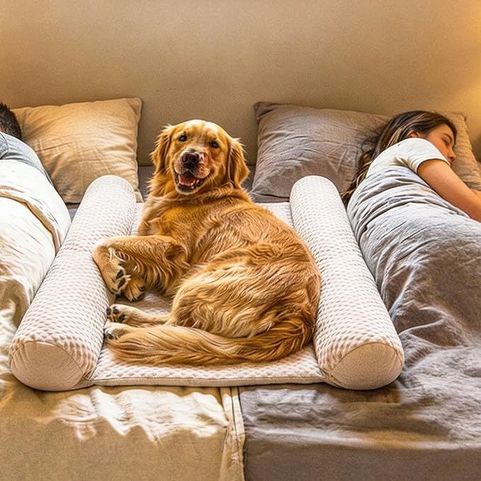DenMate - On-Bed Dog Bed for Medium/Large Dogs (26x40), Stabilizing 100% Cotton Bolsters for Night Movement, Improves Comfort & Sleep for Dogs & Owners, Machine Washable Pet Mattress (Cream/Brown)