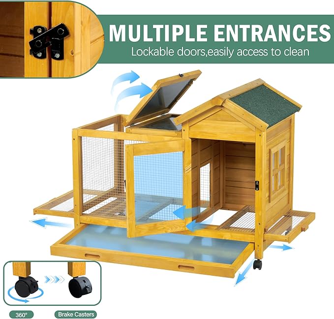 Outdoor Wooden Rabbit Cage:Rabbit Hutch Indoor, Bunny Hutch with Leak-Proof Pull Out Tray&Hideout, Small Animal Cage for Rabbits, Large Guinea Pigs, Portable Habitat with Lockable Wheels