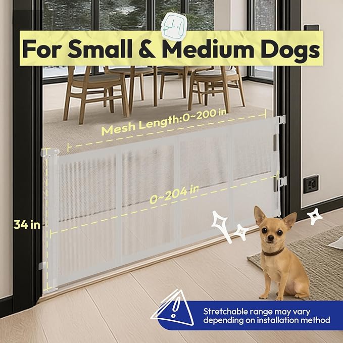34" H Tall Mesh Dog Gate Extends Up to 200" W Retractable Pet Gate with Drill Installation, Preventing Crawling Through for Stairs, Doorways, Indoor & Outdoor (White)