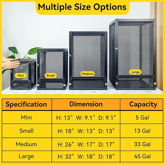 RunDuck 13 Gallon 360° Panoramic Foldable Reptile Terrarium Kit: Crested Gecko Tank and Reptile Cage for Superior Ventilation, Easy Feeding, Sturdiness, and Simple Assembly (Black, 18"x13"x13")