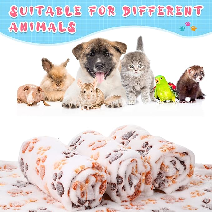 Tatuo 4 Pcs Dog Blanket for Pet Cat Blankets Indoor Puppy Teething Stuff Toys Paw Print Fleece Blanket Warm Sleep Mat for Guinea Pig Cage(White,Small(24 x 16 Inch))