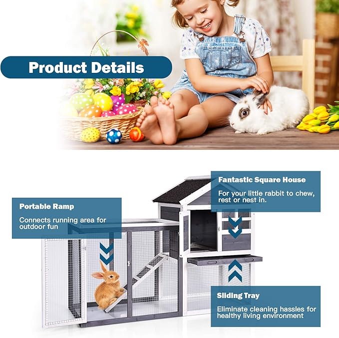 Tangkula Rabbit Hutch, Indoor Outdoor Bunny Cage with Run, Wooden Rabbit Cage with Waterproof Roof & Pull Out Tray, Chicken Coop Pet House for Rabbits, Chicken and Guinea Pigs (Gray)