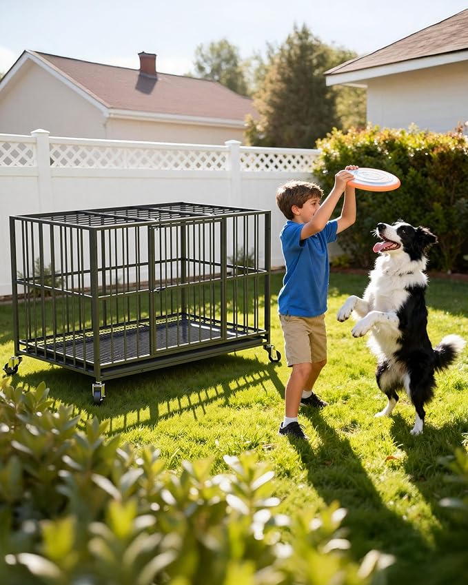 48 in Heavy Duty Dog Crate for Large Dogs, Dog Kennel Indoor with Removable Tray and Lockable Wheels, Easy to Clean, XL Dog Cage for Large and Medium Dogs
