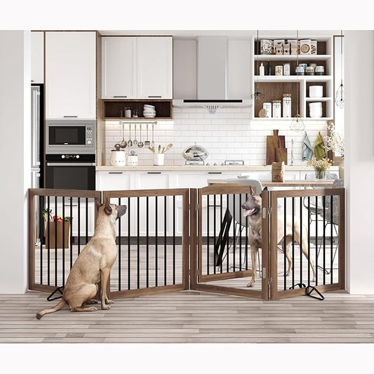 Vantas Folding Pet Gate 96" Wide, 30" Tall No-Assembly Wooden Dog Gate with Door Walk Through, Freestanding Puppy Safety Fence, with 2PCS Support - Brown