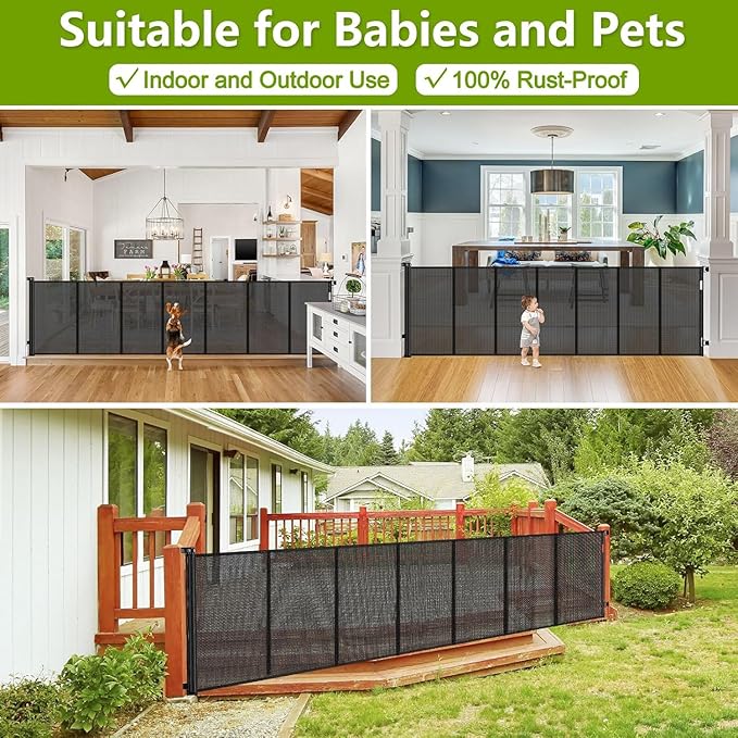 Reinforced 42" Tall x 195" Extra Long Baby Gates for Large Openings, Tall Retractable Baby Gates Extra Wide Dog Gate with Support Rods - Prevent Crawling Under, Indoor/Outdoor Retractable Fence, Black