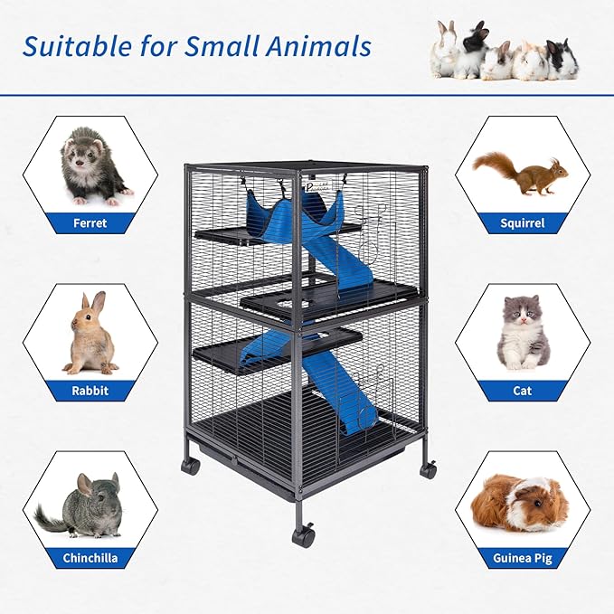 4 Tier Steel Deluxe Small Animal Pet Cage Kit for Guinea Pig Ferret Little Rabbit with Wheels Brakes Hammock 4 Platforms Removable Tray and Ladder with Flannel