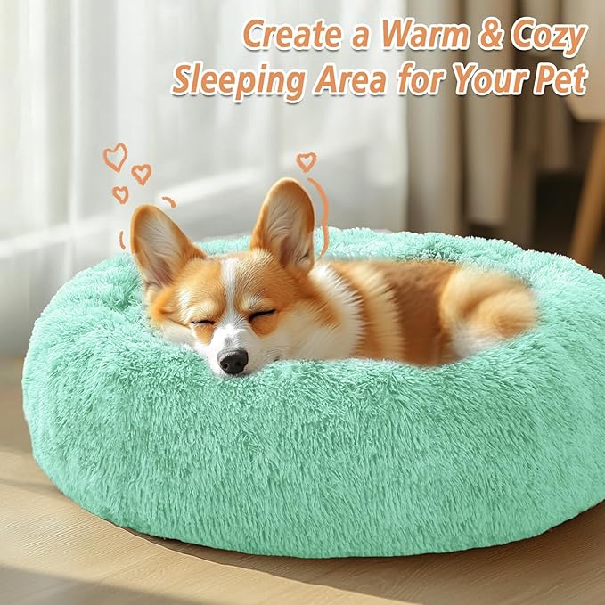 JOLLYVOGUE Calming Dog Bed Medium Size Dog, 31in Donut Washable Medium Pet Bed, Anti-Slip & Anti-Anxiety Fluffy Faux Fur Round Dogs Bed, Fits up to 45 lbs Pets (Mint Green)